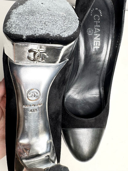 W Shoe Size 41.5 Chanel Black, Silver Leather Suede Pre-owned Heels
