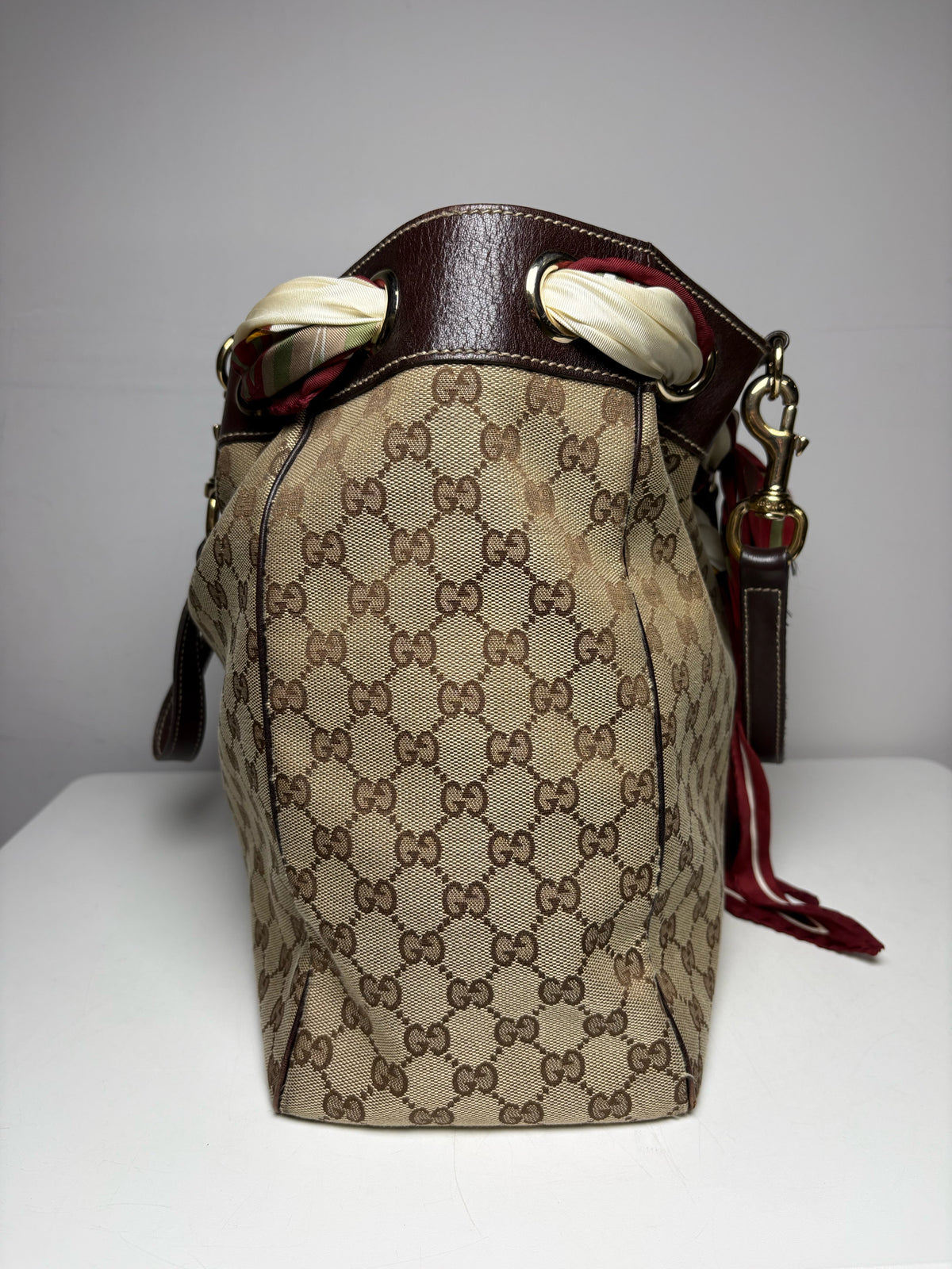 Women's Authentic Gucci GG Canvas Positano Brown Leather Vintage Authentic Pre-Owned Tote Bag