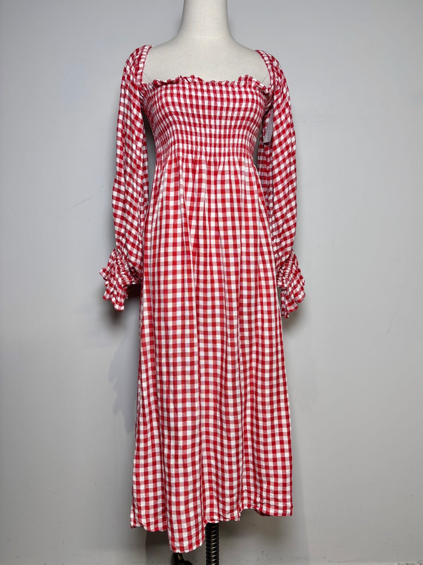 Women Size L SLEEPER Red, White Gingham Linen Blend Midi Dress