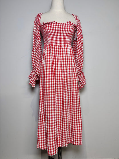 Women Size L SLEEPER Red, White Gingham Linen Blend Midi Dress