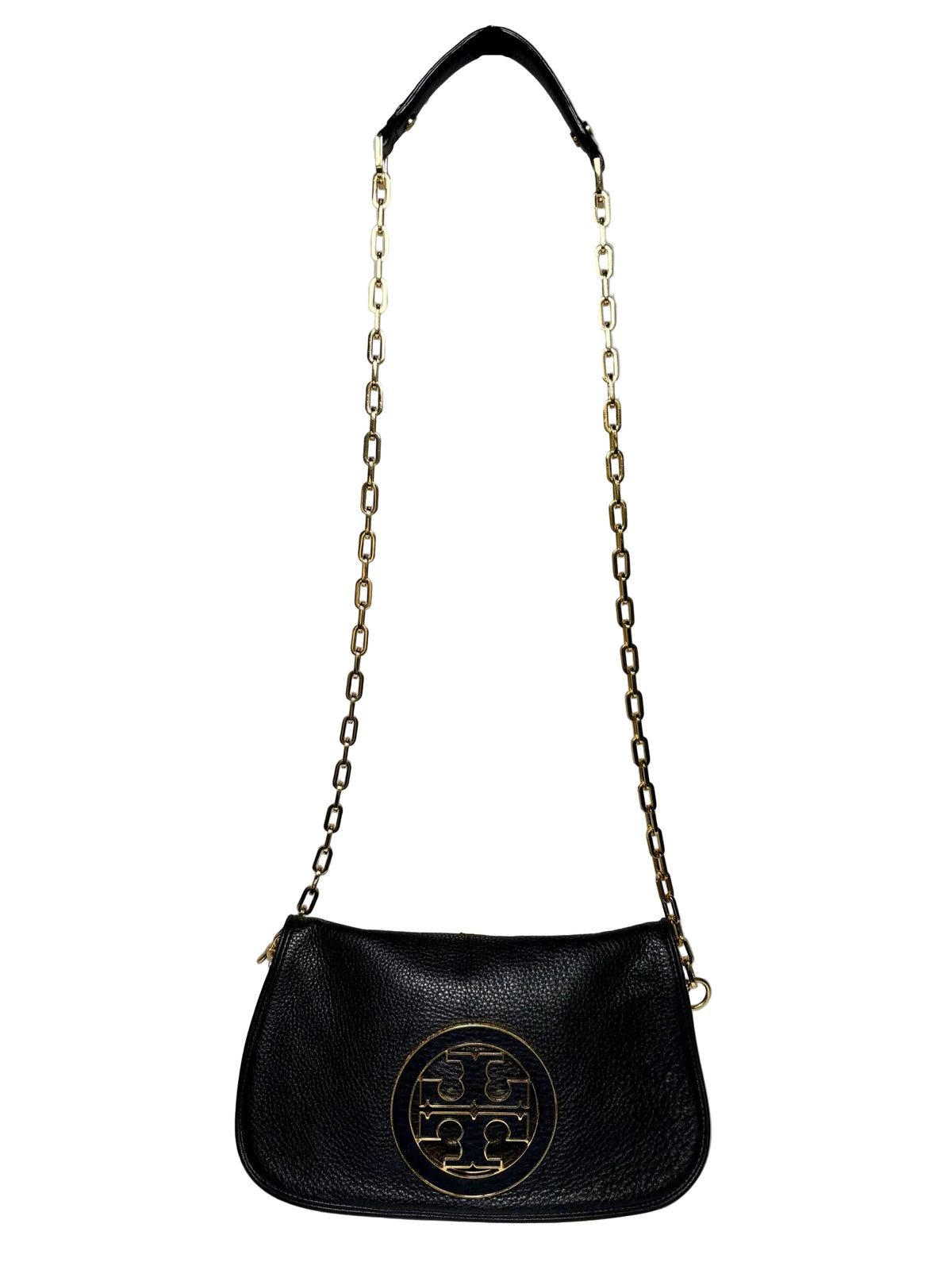 Black Tory Burch Purse with a gold logo and gold chain crossbody strap in front of a white background