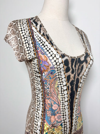 Women Size S Just Cavalli Brown Animal Print Cotton Scoop Neck Mini Dress