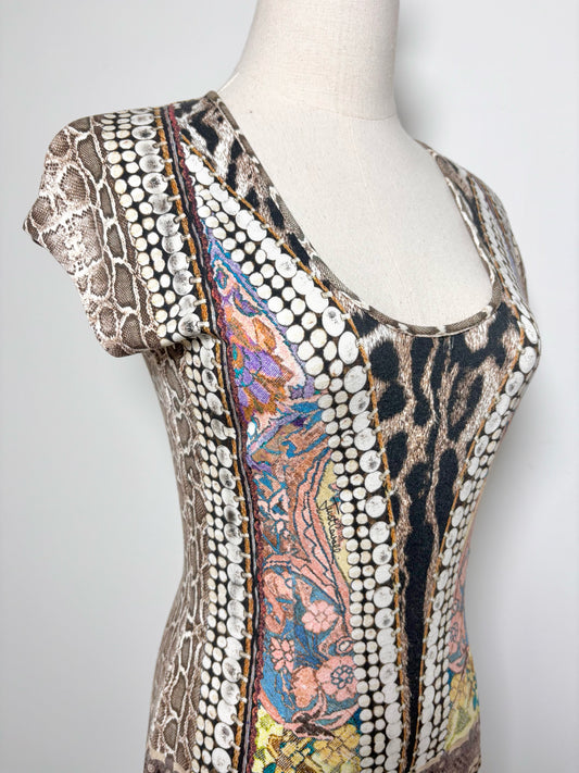 Women Size S Just Cavalli Brown Animal Print Cotton Scoop Neck Mini Dress
