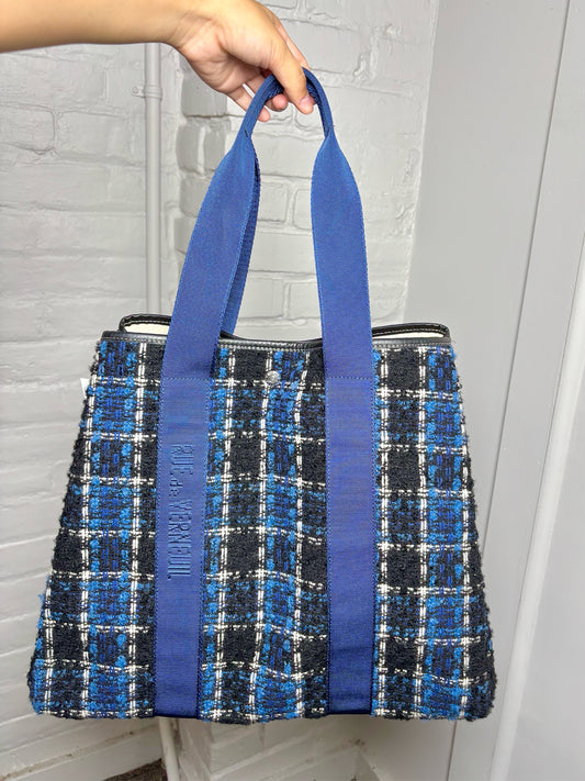 Rue de Verneuil Plaid Wool Pre-owned Blue, Black, Cream Purse
