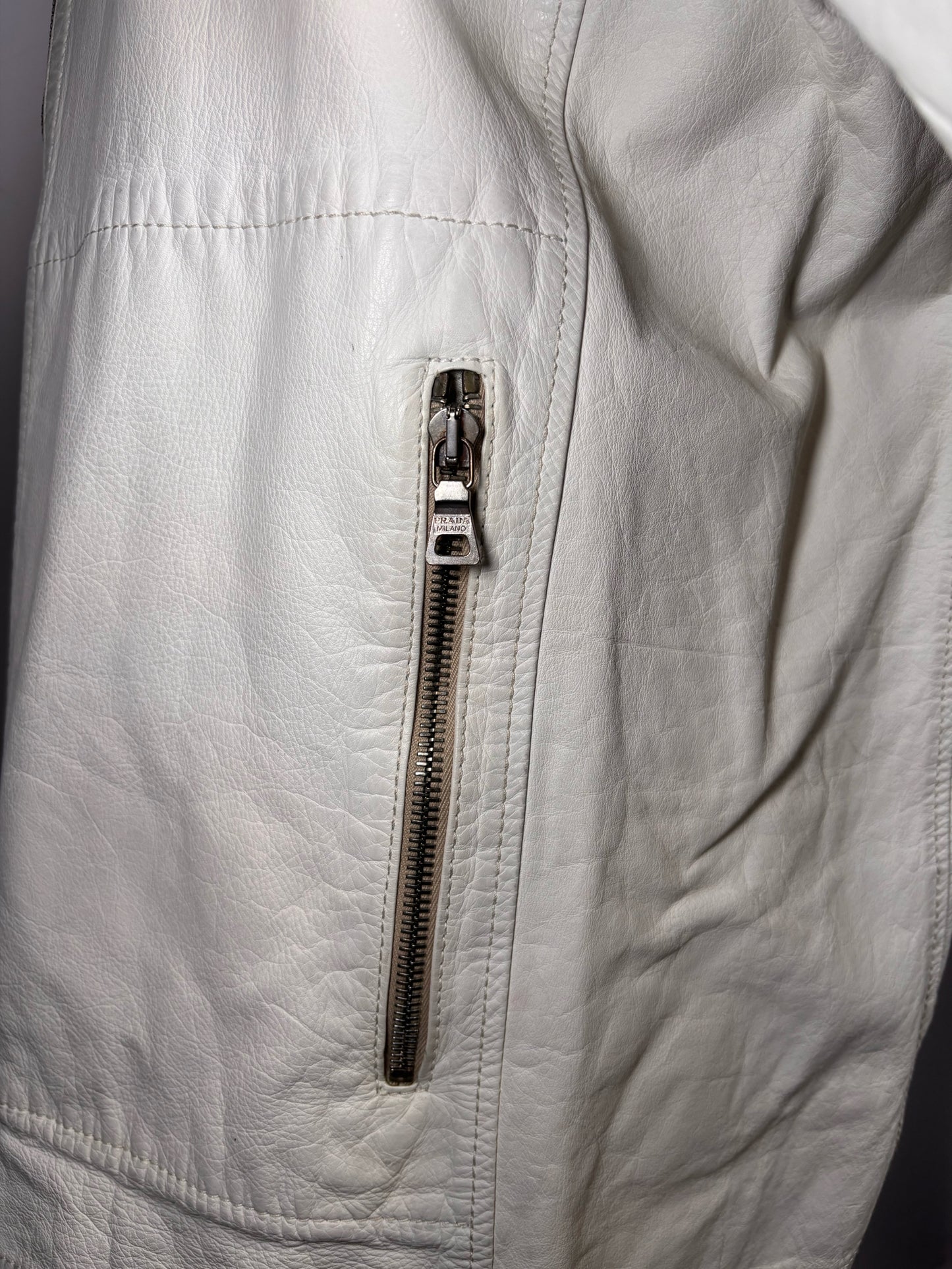 Vintage Prada White Leather Solid Men's Size 52 Moto Jacket