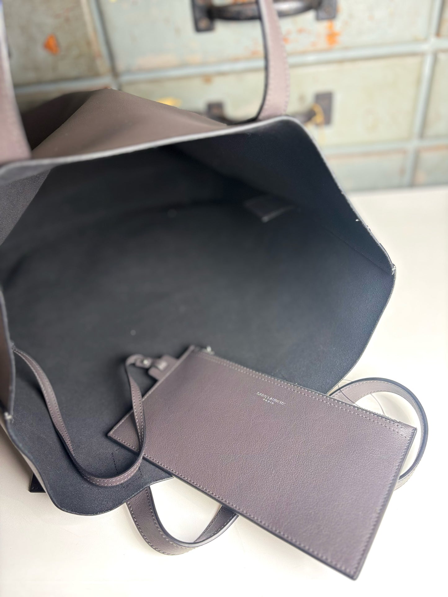 Yves Saint Laurent Dark Grey North-South Shopping Tote w/Tassel