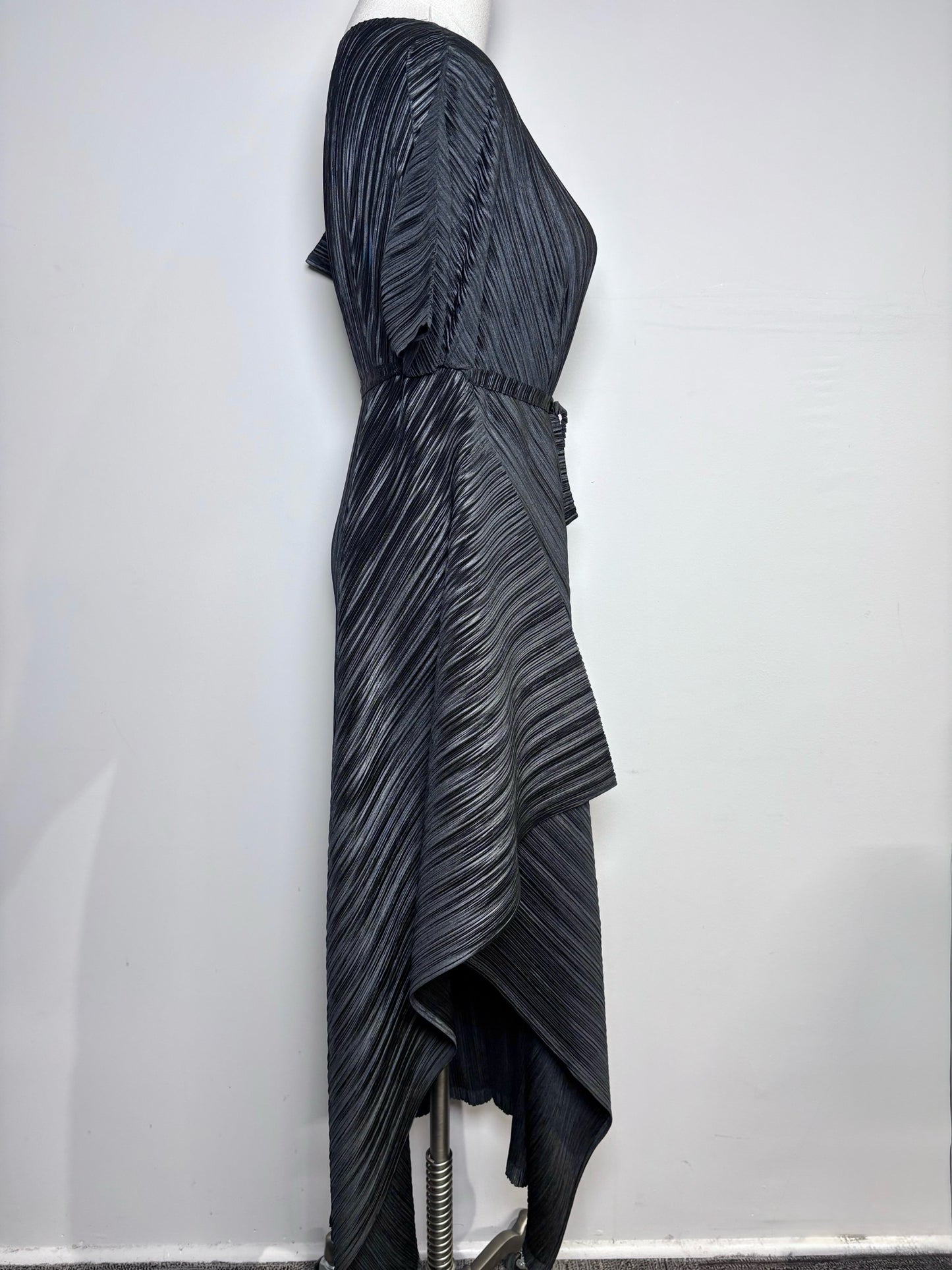 Women Size S Issey Miyake Black Vertical Pleats Maxi Side Slit Dress