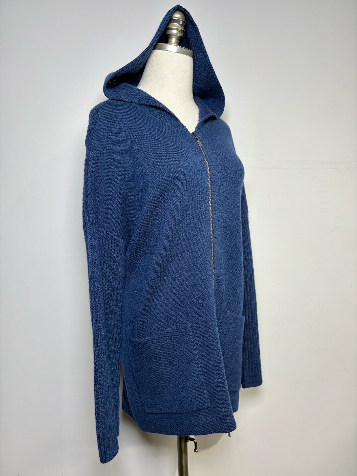 Women Size M Kinross Navy Blue Ribbed Zip Front Hoodie Cashmere Sweater