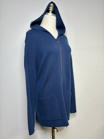 Women Size M Kinross Navy Blue Ribbed Zip Front Hoodie Cashmere Sweater