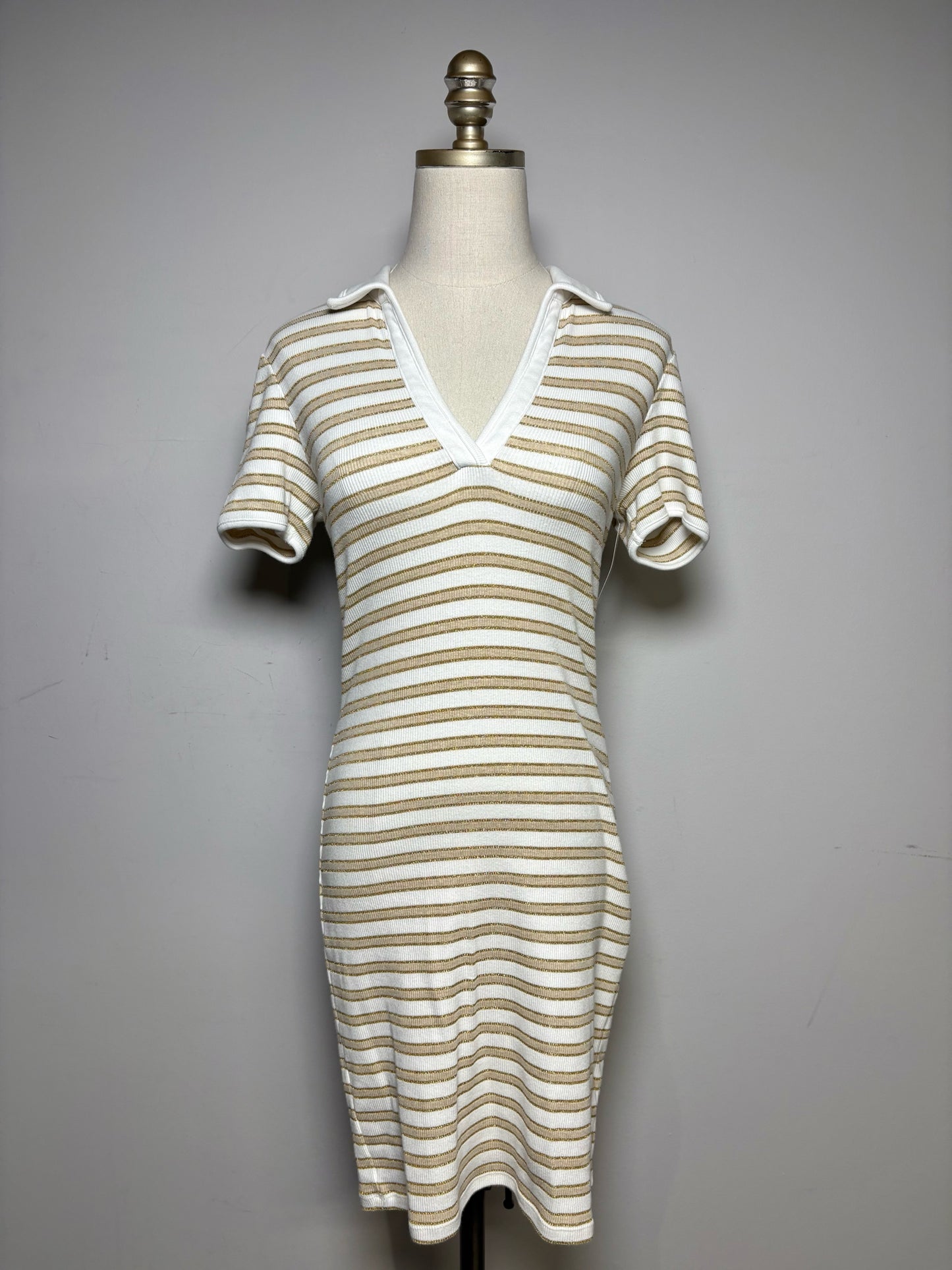 Women's Size XS Veronica Beard Bailey Striped Metallic Gold Pre-Owned Polo Dress