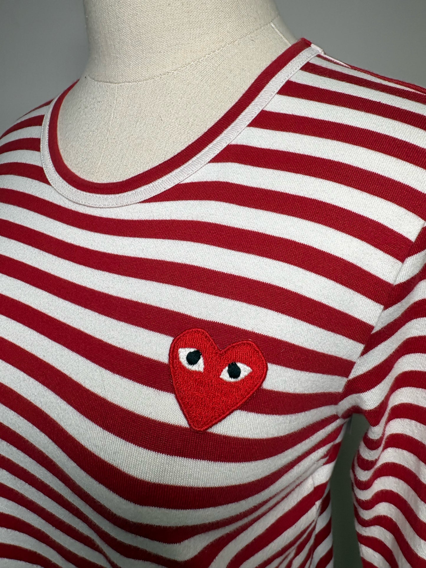 Women Size S Comme des Garçons Red & White Striped Pure Cotton Pre-Owned Heart Patch Shirt