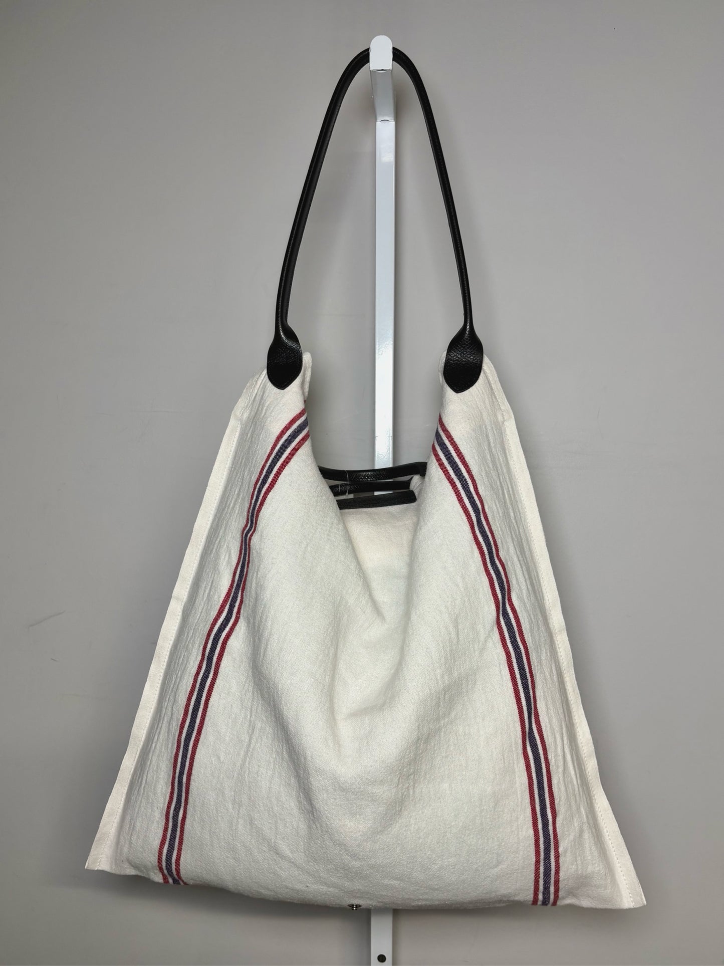 Longchamp Solid w/Stripe Accents Linen Pre-owned Off-white Cowhide Trim Purse