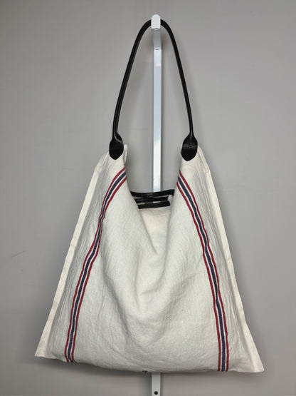 Longchamp Solid w/Stripe Accents Linen Pre-owned Off-white Cowhide Trim Purse