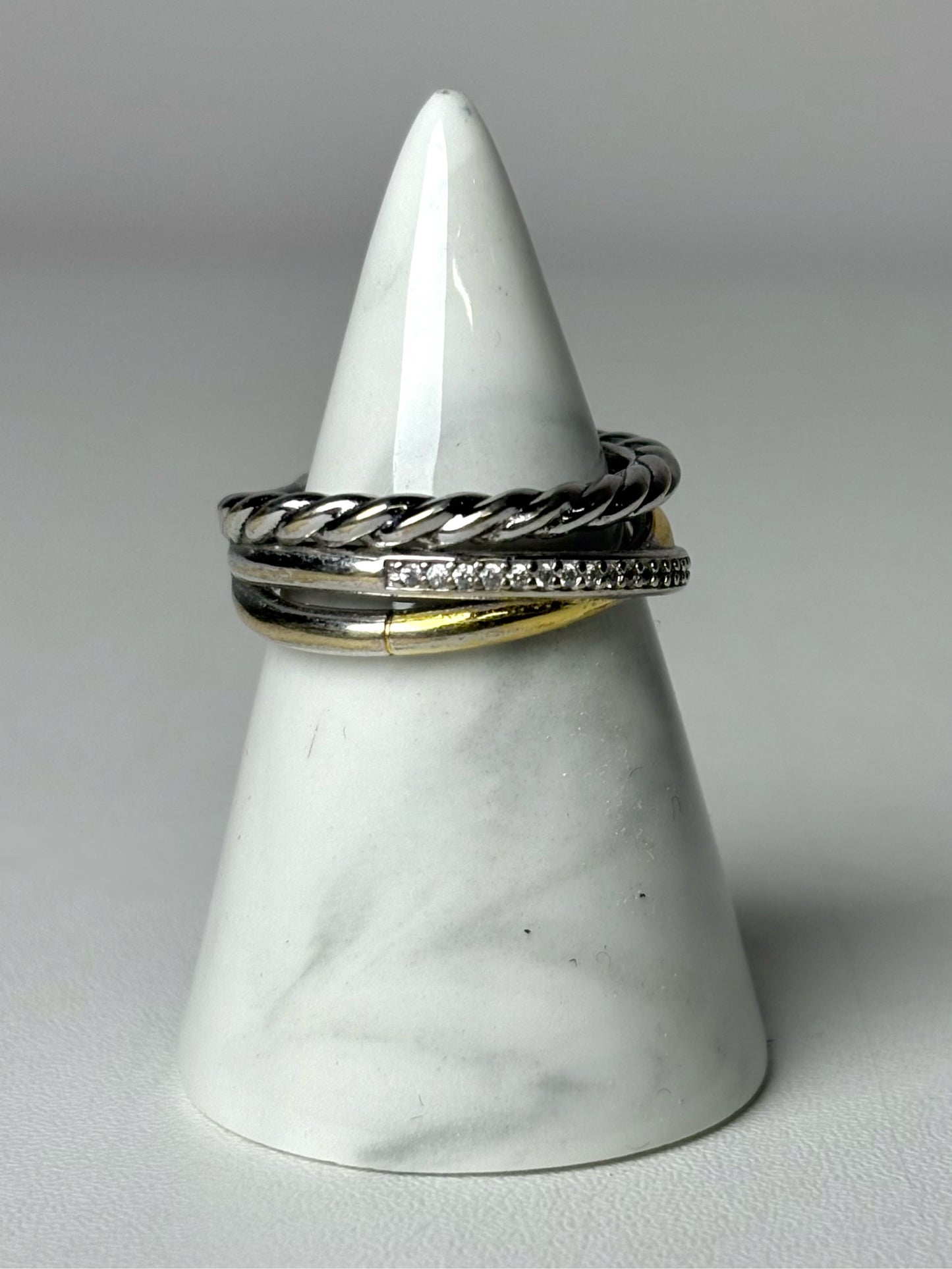 David Yurman Three Row Diamond Sterling Silver, 18K Yellow Gold 7 Pre-owned Ring