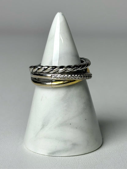 David Yurman Three Row Diamond Sterling Silver, 18K Yellow Gold 7 Pre-owned Ring