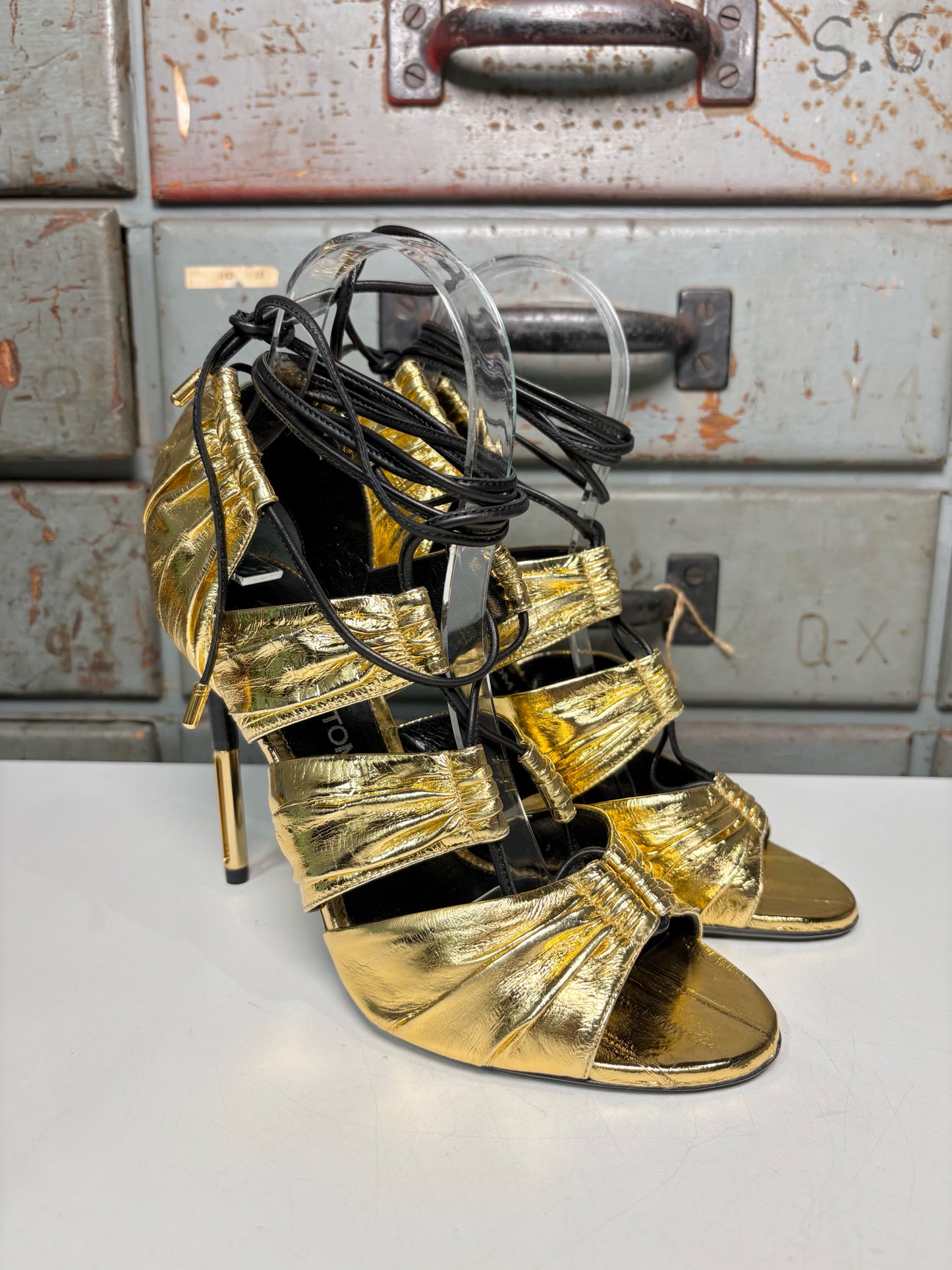 W Shoe Size 38 (7.5 - 8) Tom Ford Metallic Gold Leather Cage Stiletto Heels