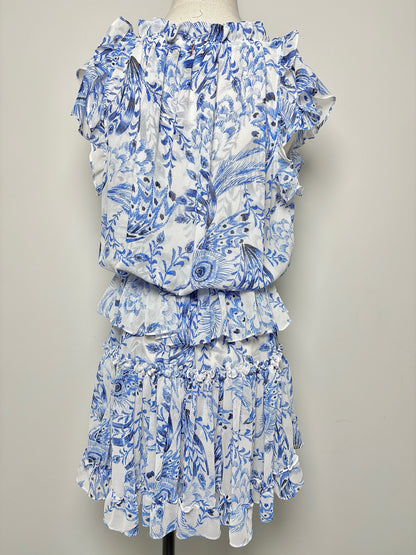 Women Size M Misa Los Angeles Blue, White Print Polyester Dress
