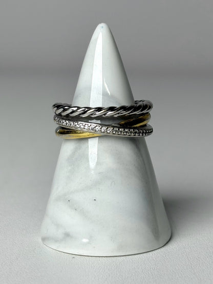 David Yurman Three Row Diamond Sterling Silver, 18K Yellow Gold 7 Pre-owned Ring