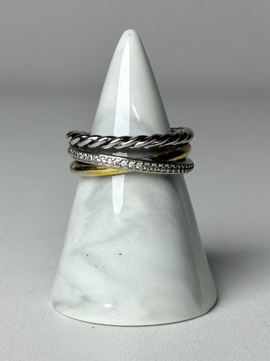 David Yurman Three Row Diamond Sterling Silver, 18K Yellow Gold 7 Pre-owned Ring