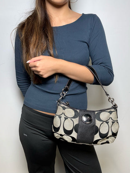 Women's Coach Black & Grey Signature Canvas Y2K Vintage Pre-Owned Half Moon Shoulder Bag
