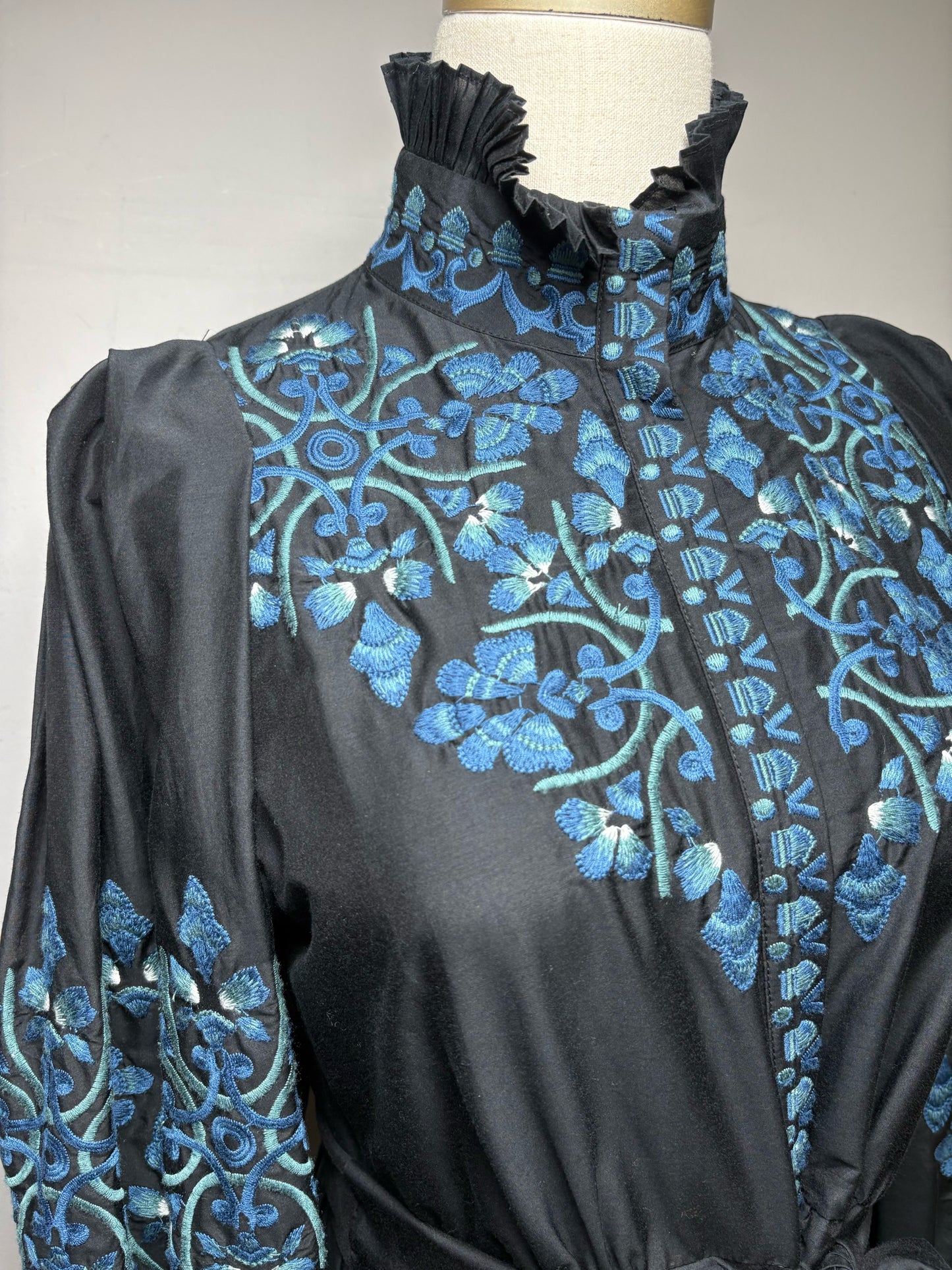 Women Size S Kobi Halperin Black Blue Embroidered Cotton Silk Pre-Owned Dress
