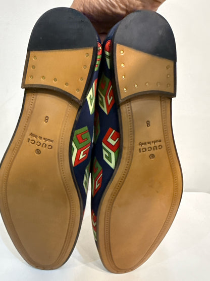 Gucci Brixton GG Blue Satin Print Shoe Sz 8 Men's Loafers NWT Pre-owned