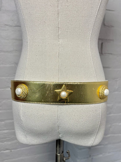 Escada Leather 40 (S) Vintage Metallic Gold Pearls Belt