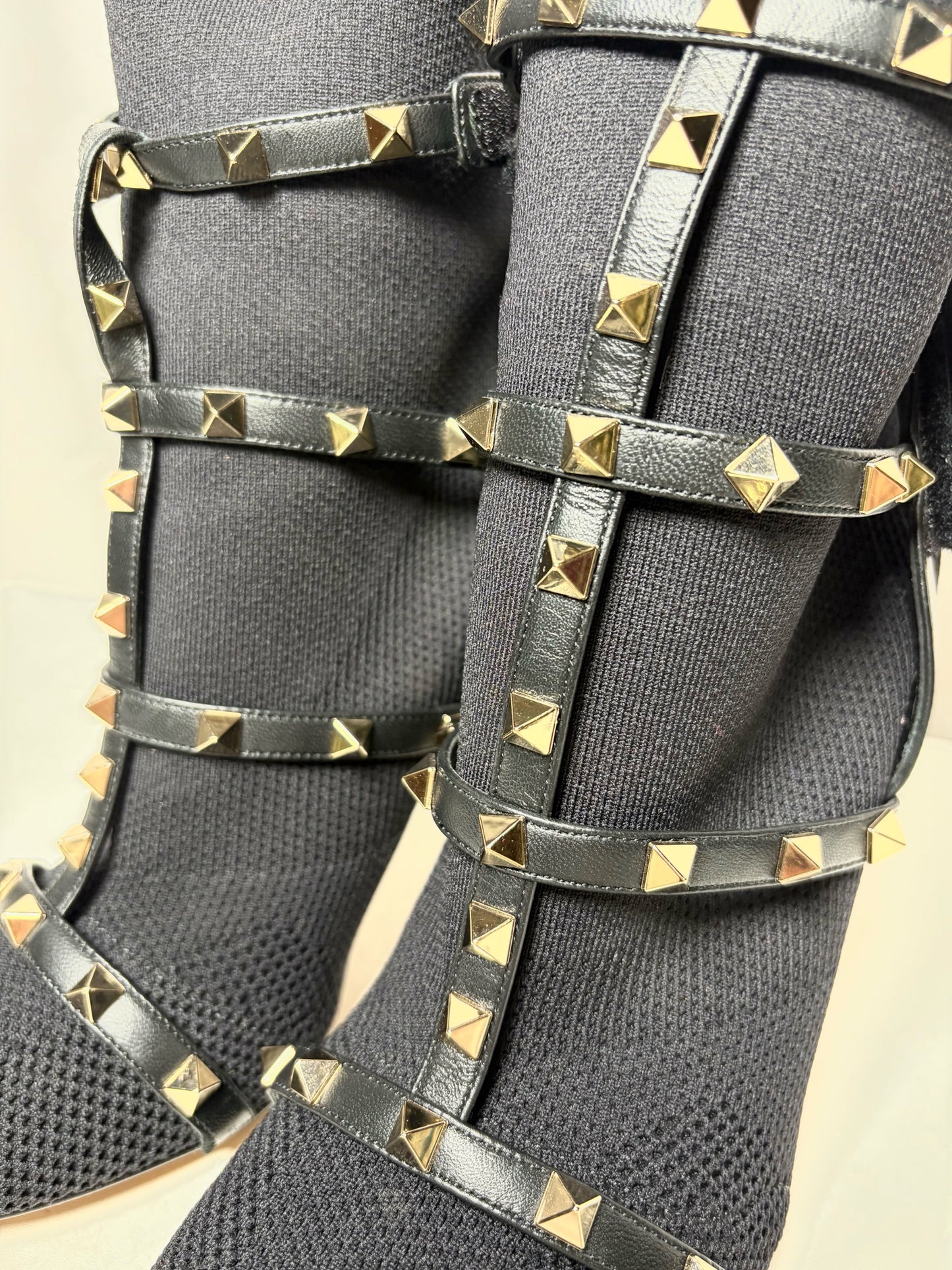 W Shoe Size 38 Valentino Garavani Black Stretc Leather Rockstud Pre-owned Boots