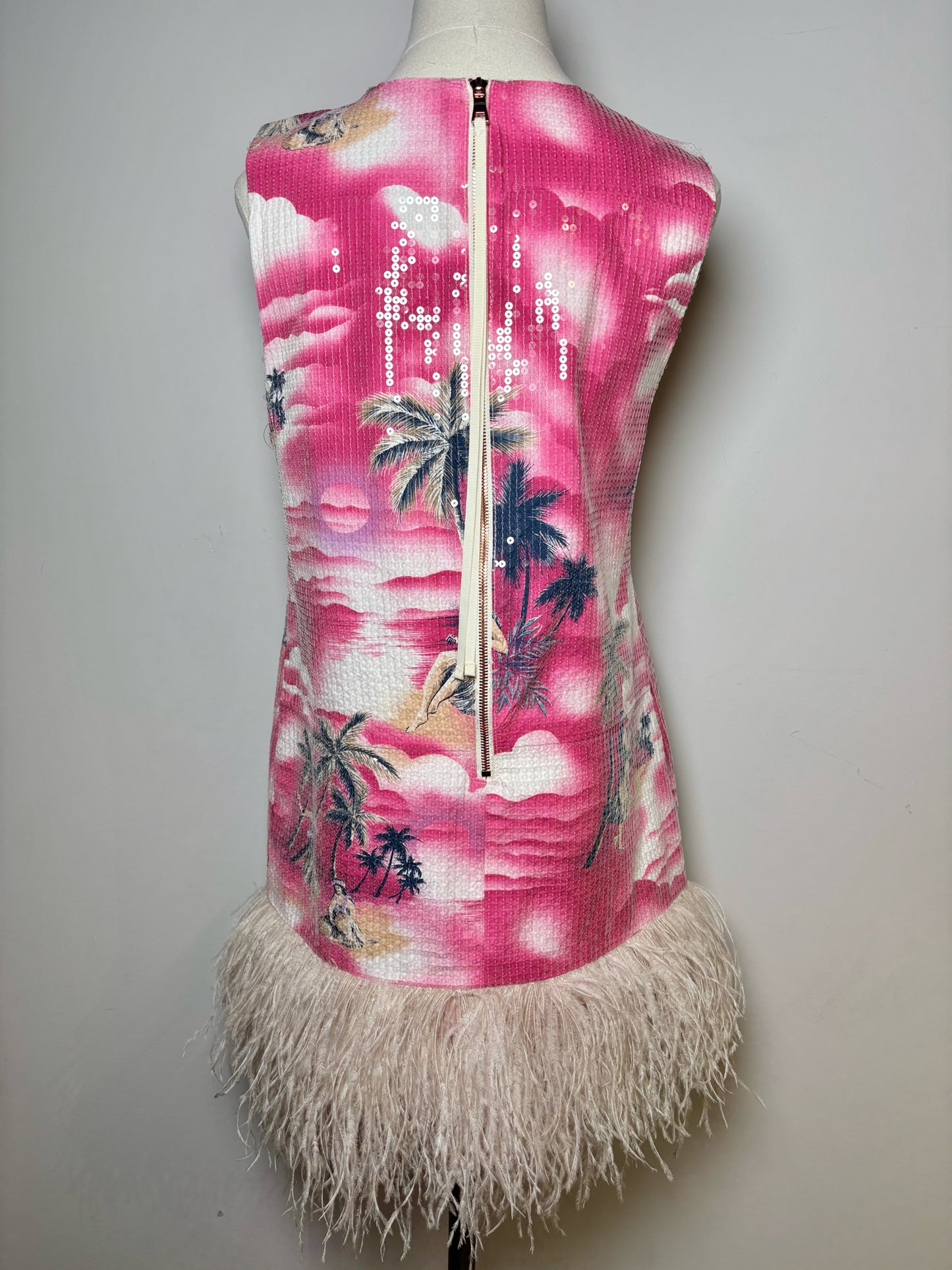 Women Size M Le Superbe Pink Sequins Palm Trees Hula Girl Dress