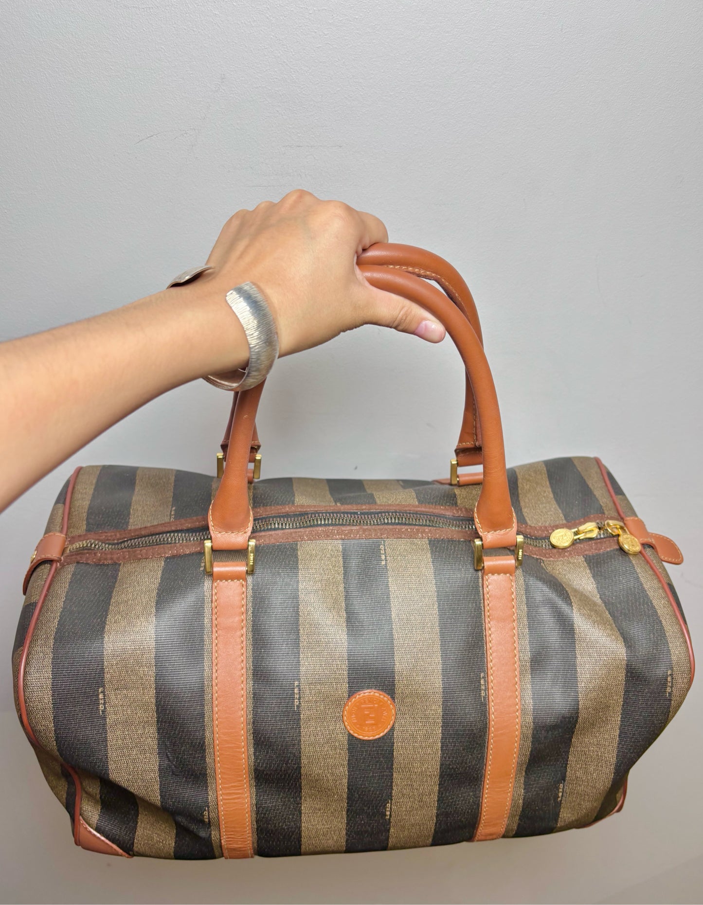 Vintage Fendi Beige, Tan Monogram Coated Canvas Duffle Pre-Owned