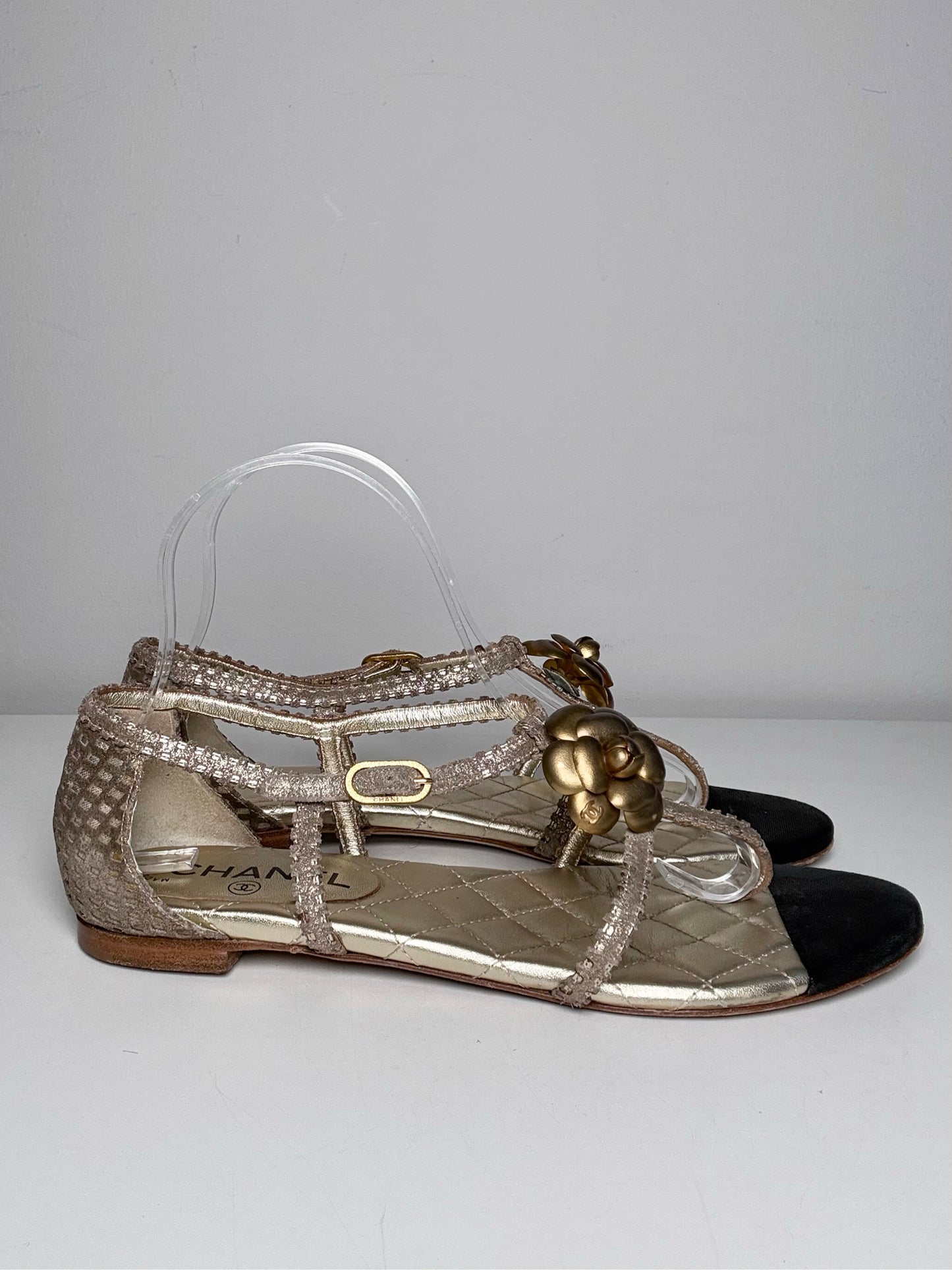 W Shoe Size 39 (8.5 - 9 US) Chanel Gold, Black Leather Vintage Sandals | Pre-owned