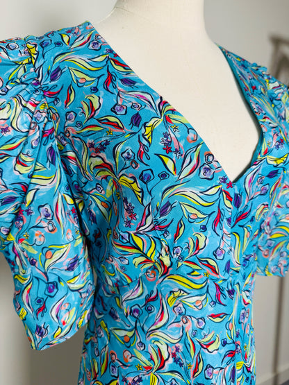 Women Size 6 Saloni Blue, green, purple Abstract floral Silk Pre-owned Dress