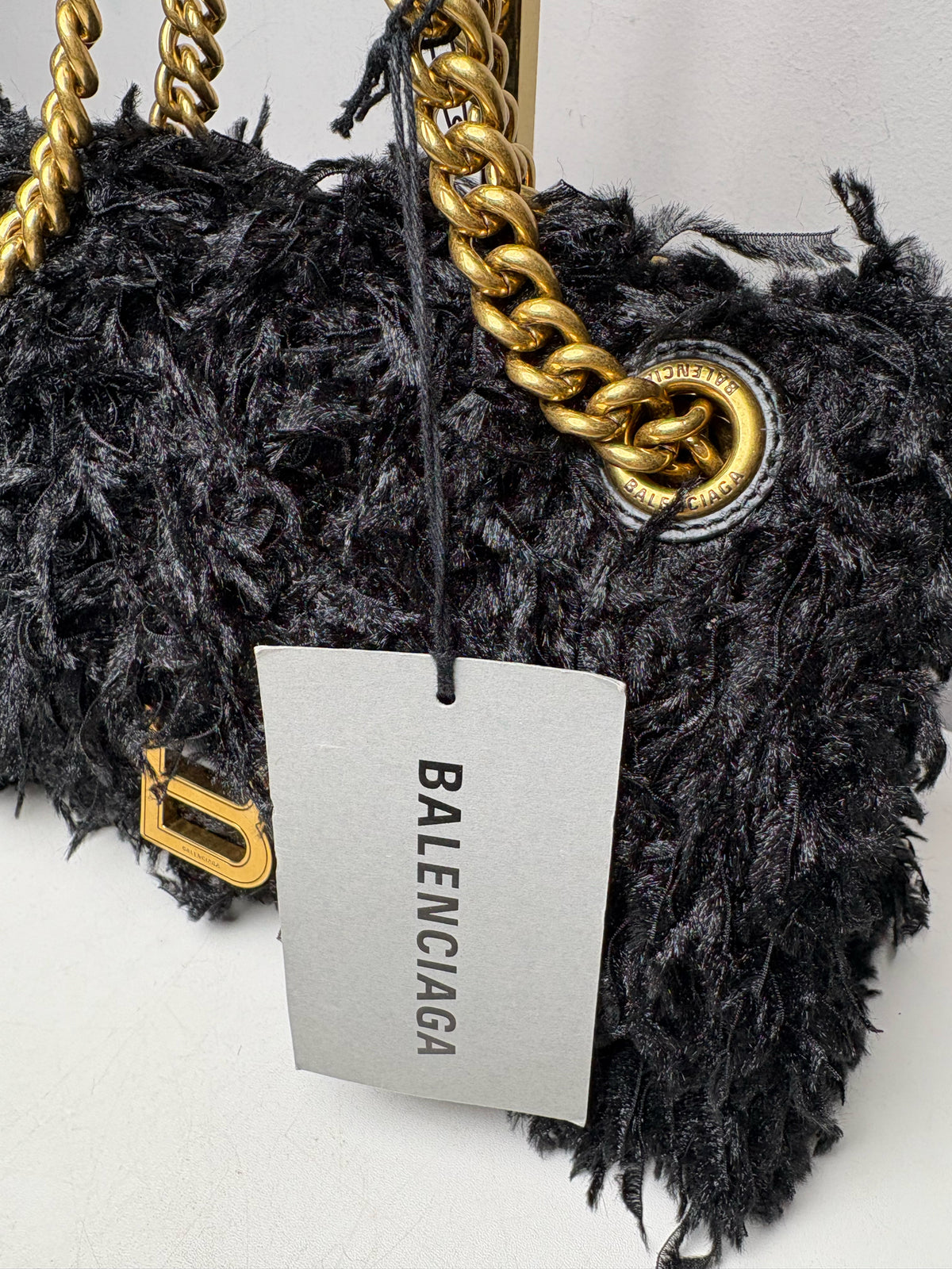 Women's Authentic Balenciaga Crush Chain Black Fabric Feather Gold-Tone NWT Pre-Owned Shoulder Bag