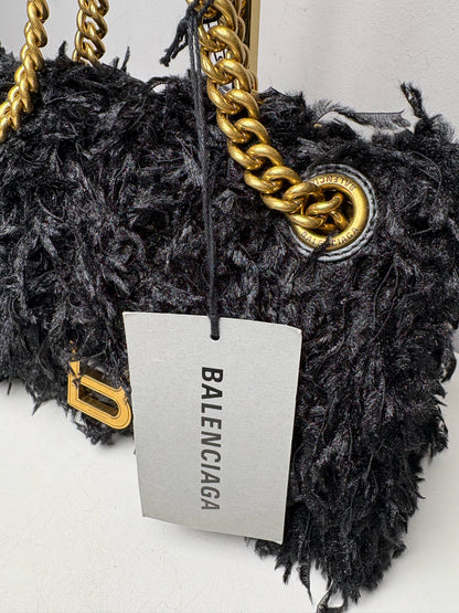 Women's Authentic Balenciaga Crush Chain Black Fabric Feather Gold-Tone NWT Pre-Owned Shoulder Bag