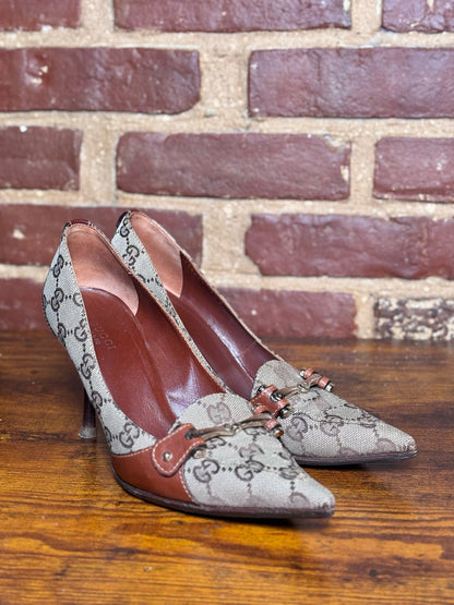 W Shoe Size 36.5 Gucci Brown Canvas, Leather Trim Vintage Pre-owned Heels