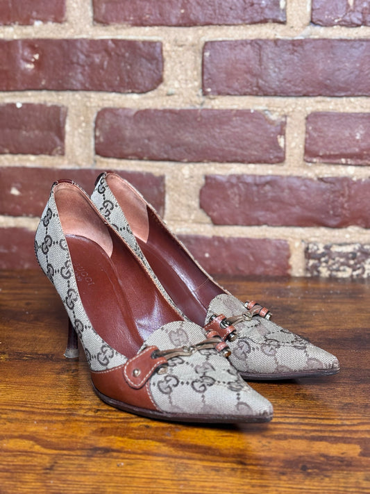 W Shoe Size 36.5 Gucci Brown Canvas, Leather Trim Vintage Pre-owned Heels