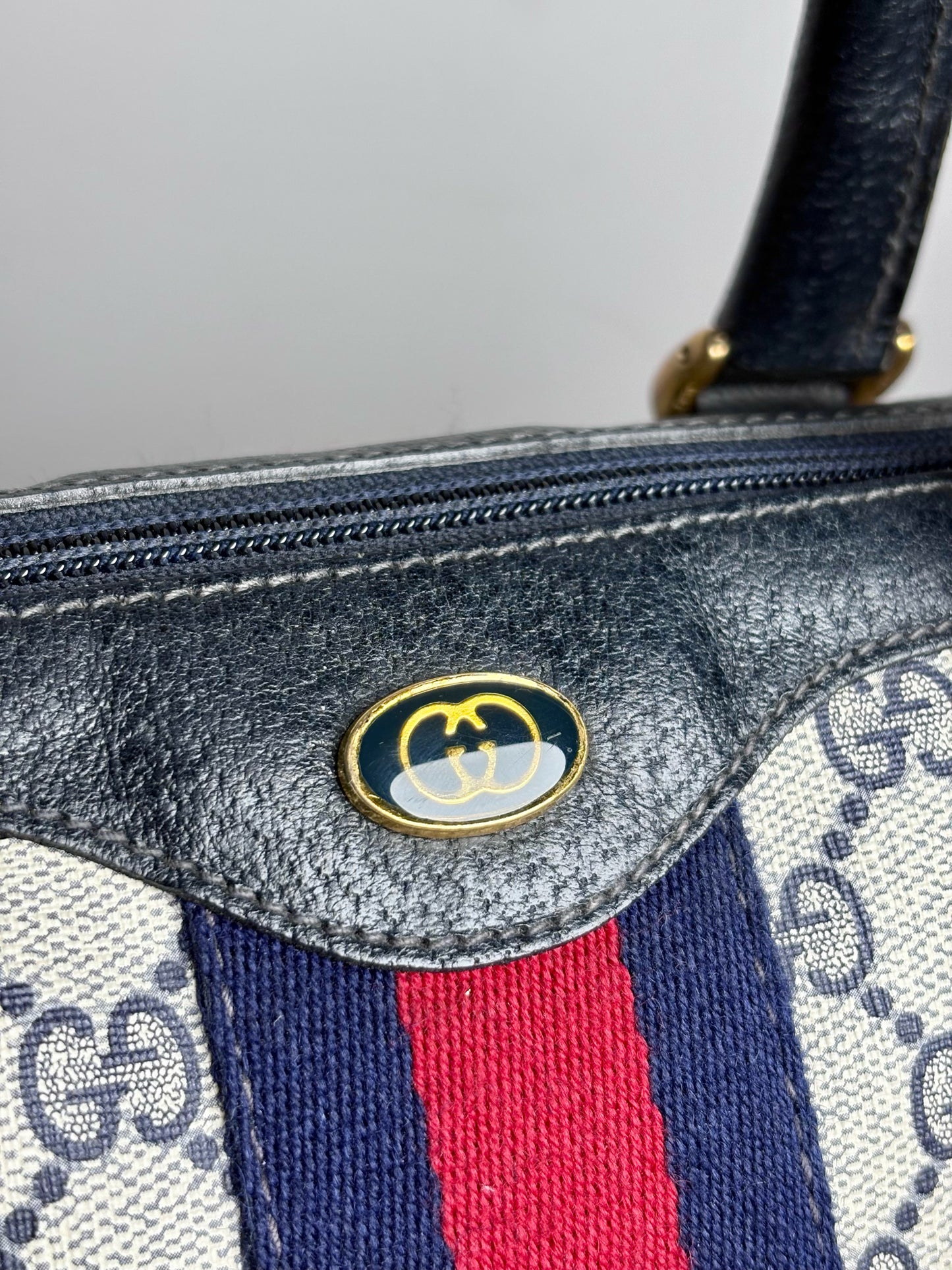 Vintage Gucci Boston Bag Monogram Navy Coated Canvas w/Leather Trim | Pre-owned