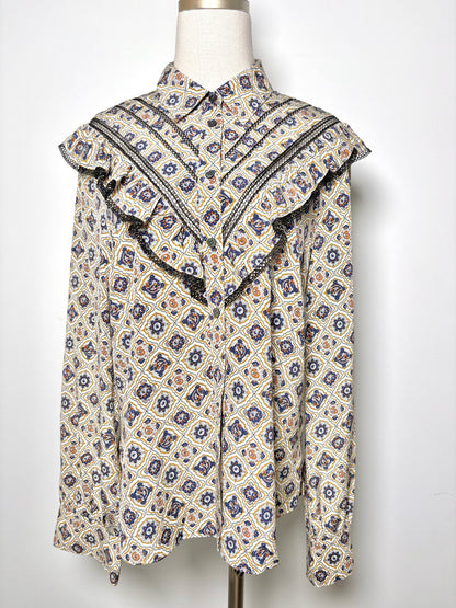 Women Size 10 Veronica Beard White, navy, brown Print Silk Blouse