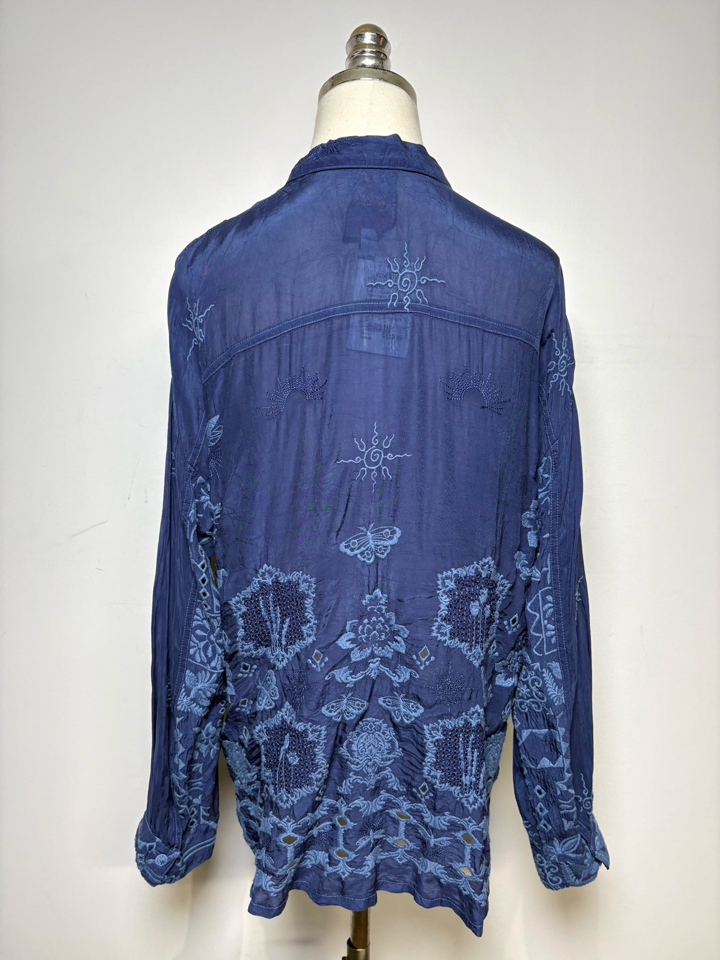 Women Size S Johnny Was Blue Floral Embroidered Cupra Rayon Pre-Owned Top