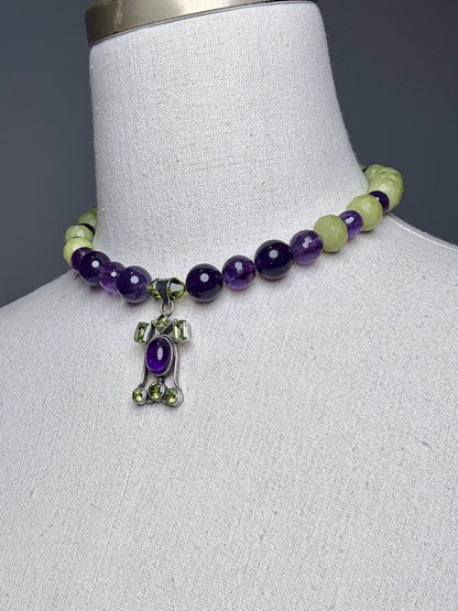 Peridot, Amethyst, Resin Beads Sterling Silver Pre-owned Necklace