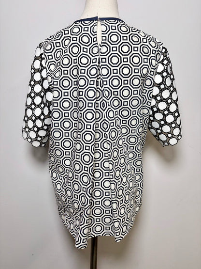 Women Size 4 Tory Burch Blue, White Geometric Embroidered Gloria Shirt