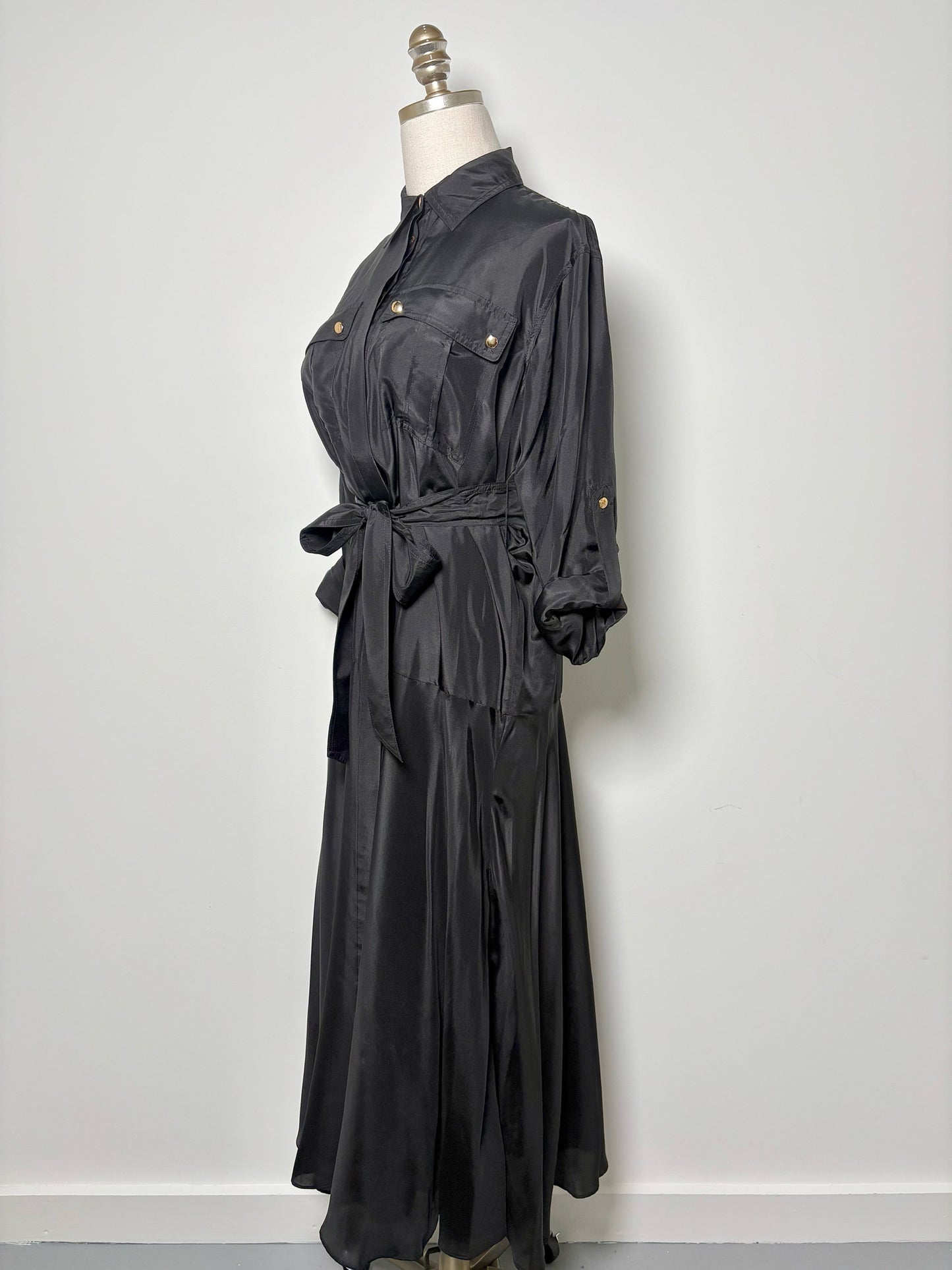 Women Size 2 Veronica Beard Black Solid Silk Shirt Midi Dress