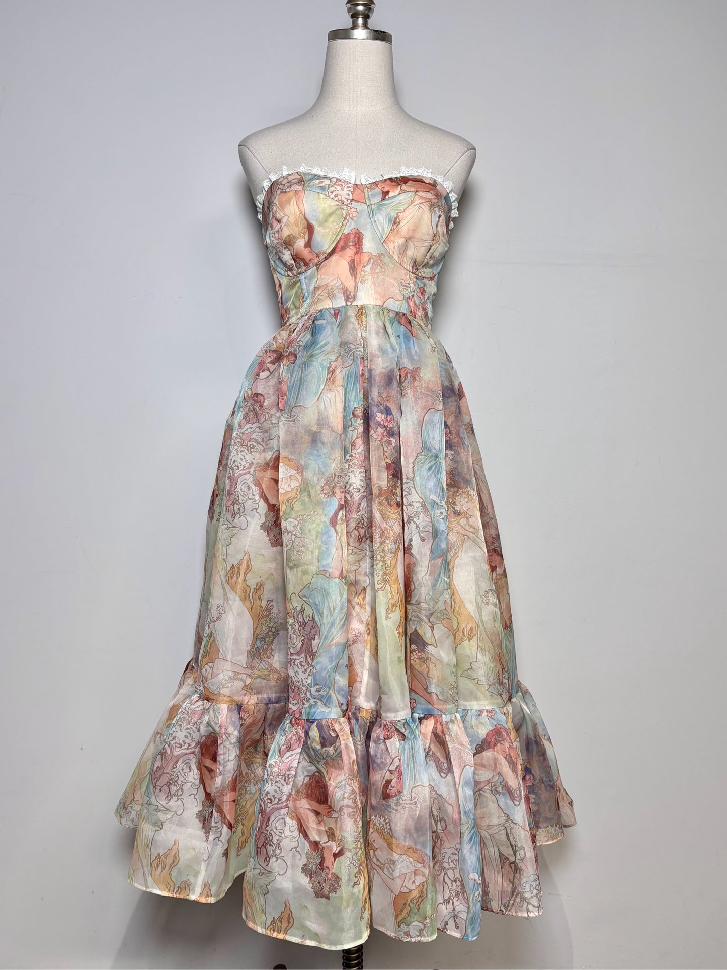 Women Size L Selkie Tan Fairies Print Strapless Pre-owned Dress
