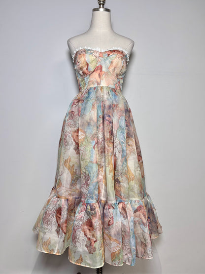 Women Size L Selkie Tan Fairies Print Strapless Pre-owned Dress