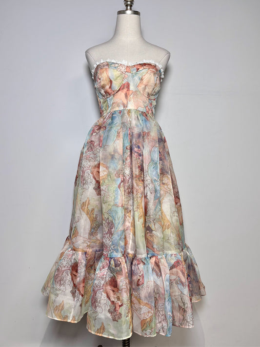 Women Size L Selkie Tan Fairies Print Strapless Pre-owned Dress