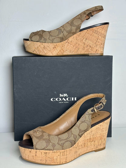 W Shoe Size 6.5 Coach Brown Canvas Cowhide Women's NWOT Wedges