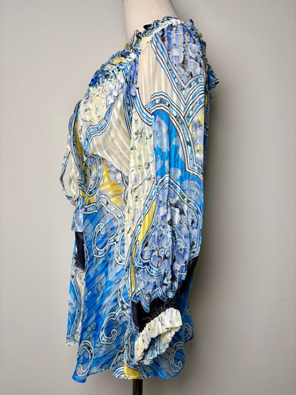 Women Size L Roberto Cavalli Blue, Yellow, Black Abstract Print Silk Boho Blouse