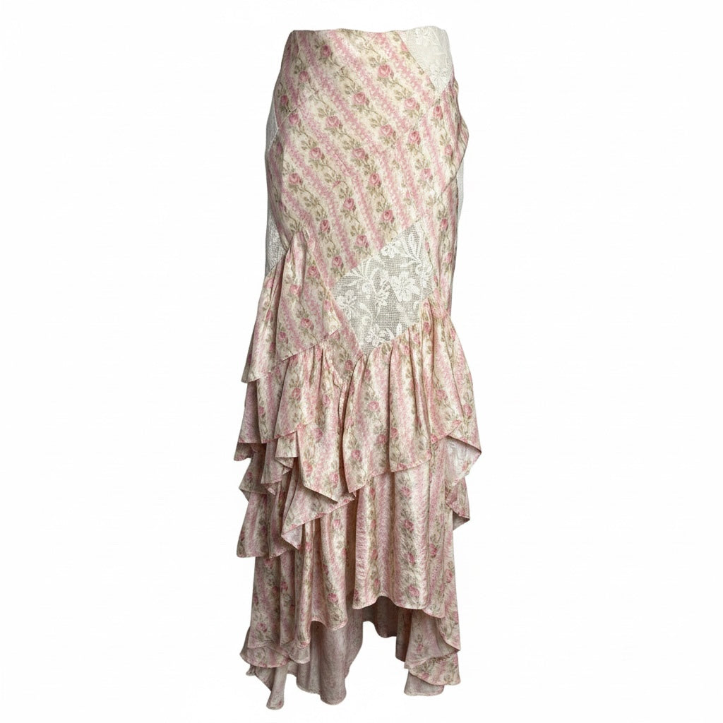 Wmn Size 12 LoveShackFancy Floral Print Silk Asymmetric Hem Midi Pre-owned Skirt