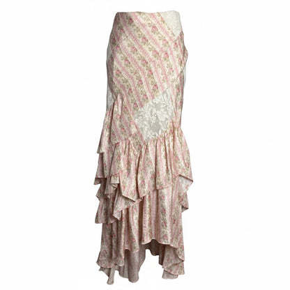 Wmn Size 12 LoveShackFancy Floral Print Silk Asymmetric Hem Midi Pre-owned Skirt