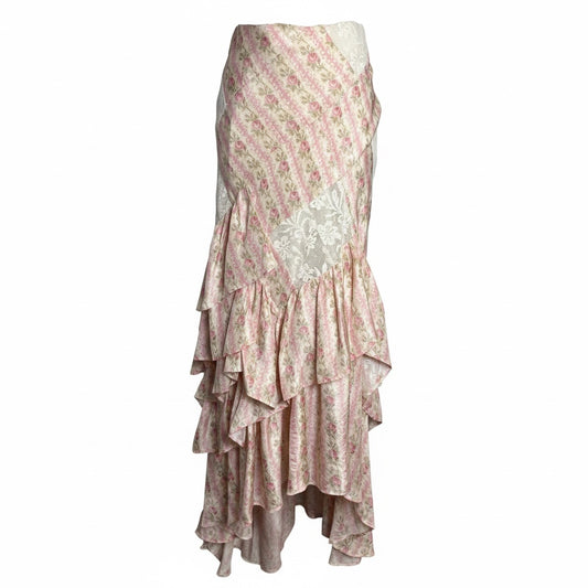 Wmn Size 12 LoveShackFancy Floral Print Silk Asymmetric Hem Midi Pre-owned Skirt